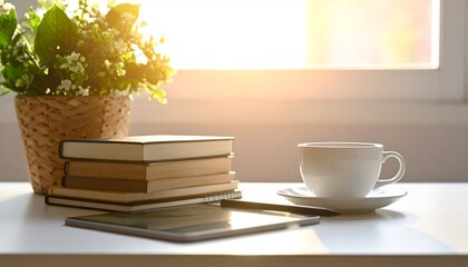 Morning sunlight illuminates a cozy reading nook with stacked books, a tablet, and a steaming cup of coffee