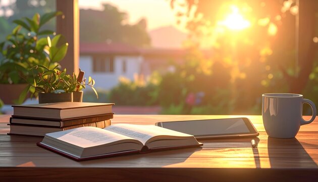 Cozy morning scene with open book, tablet, and coffee cup on wooden table, sunlight streaming in