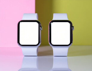 Two chrome smart watches with white straps and blank screens, set against a split pink and lime green background with a reflection.