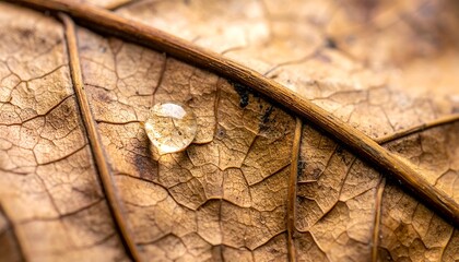 Close-up of a water droplet resting on a dried leaf, showcasing intricate textures and natural details