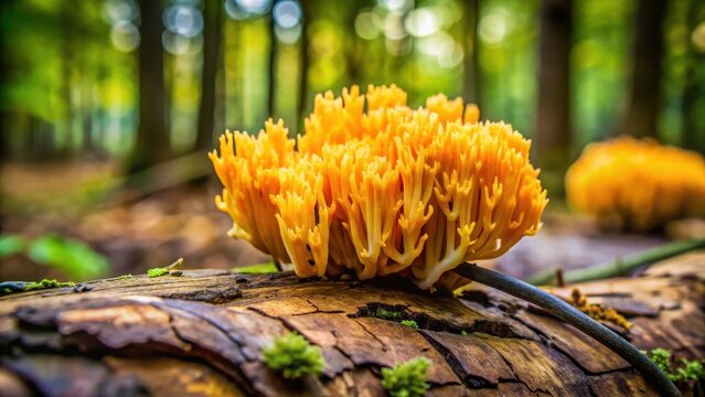 Rare Ramaria flava fungus growing on decaying logs in the forest