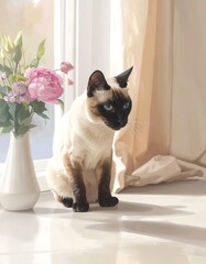 A Seal Point Siamese cat sits near a vase of pink flowers in front of a window with sunlight and soft curtain