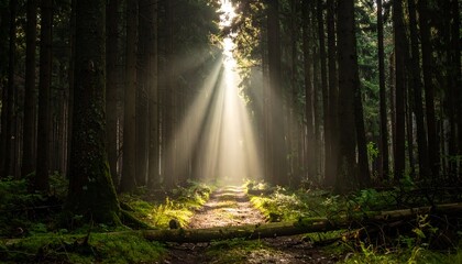 Sunlight filters through dense forest trees, illuminating a serene pathway surrounded by lush greenery