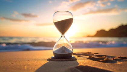 An hourglass resting on a sandy beach at sunset, symbolizing the passage of time and tranquility