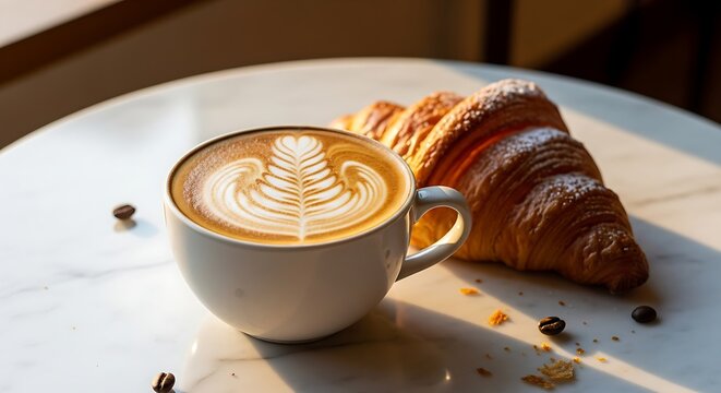 Cup of hot coffee latte with creamy foam and croissant pastry on wooden table, morning cafe scene. - Powered by Adobe