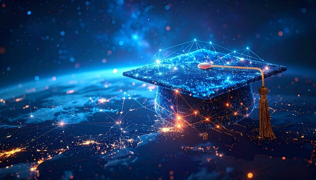 A digital graduation cap floats above a glowing Earth, symbolizing global education and innovation