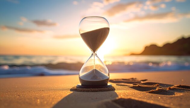 An hourglass resting on a sandy beach at sunset, symbolizing the passage of time and tranquility