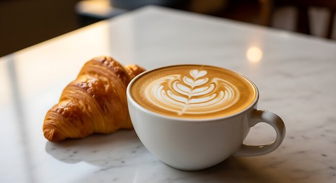 Hot latte coffee with art foam served alongside a fresh croissant on white table, breakfast concept.