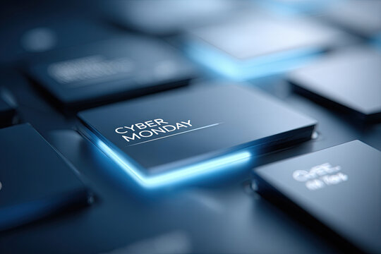 Cyber Monday promotional button on trendy midnight blue background with glowing accents - Powered by Adobe