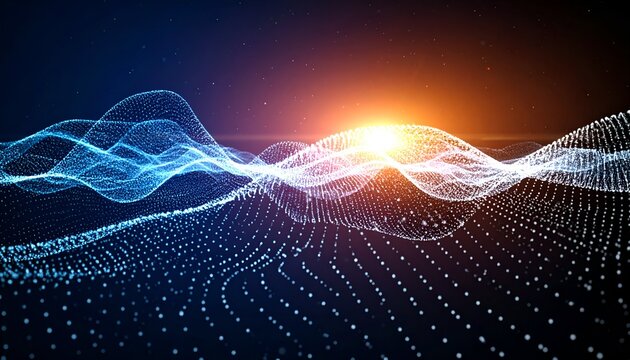 Abstract digital landscape with flowing waves of light and particles, illuminated by a sunrise glow - Powered by Adobe