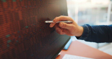 Review, code and hand in office with computer screen, software error or data check in debug process. Programming, person and system analyst in agency with pen, script and log test for best practice.