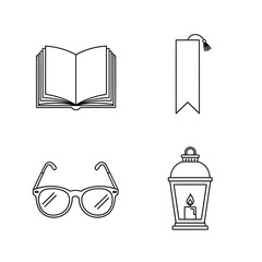 Reading Icons Book, Bookmark, Glasses, Lantern - Black and White Illustration
