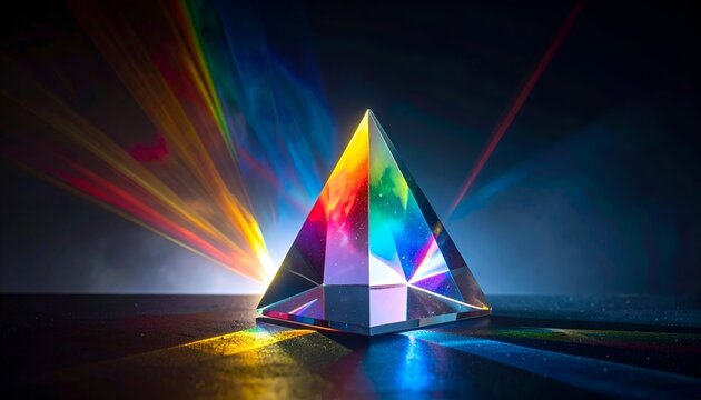 A crystal prism refracting light into vibrant colors against a dark background, creating a stunning visual display