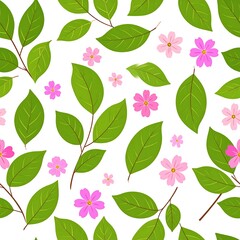A seamless illustration of green leaves on branches and small pink blossoms scattered on a white background
