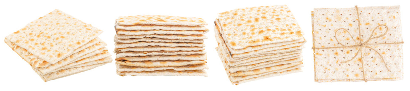 Traditional Israeli matzah bread stacked on white background, unleavened flatbread tied with string, symbol of Jewish culture and Passover holiday, copy space for text