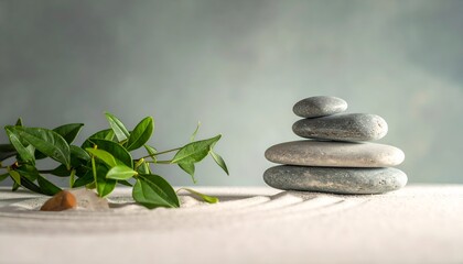 Fototapeta premium Serene arrangement of stacked stones beside a green plant on a textured background, symbolizing tranquility