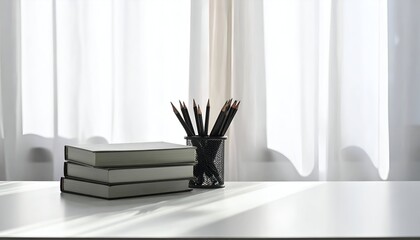 A serene workspace featuring stacked books and a pencil holder with pencils, illuminated by soft sunlight