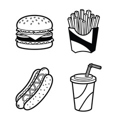 Fast Food Icons Burger, Fries, Hot Dog, Soda - Black and White Vector Illustration