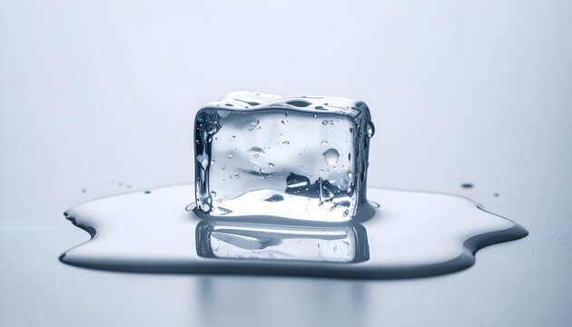 A crystal-clear ice cube melting on a smooth surface, reflecting light, with droplets forming around it