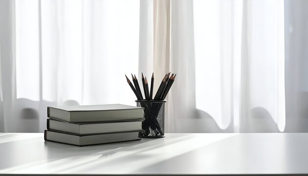 A serene workspace featuring stacked books and a pencil holder with pencils, illuminated by soft sunlight - Powered by Adobe