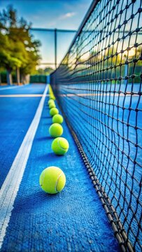 Tennis ball gets stuck in net on blue hard court with rackets and balls scattered around
