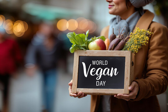 Woman holding wooden sign for World Vegan Day with fresh produce at a vibrant farmers market - Powered by Adobe