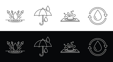 Waterproof and Water Resistant Line Icons Set on White and Black