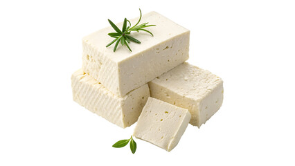 Creamy tofu blocks with fresh herbs for healthy cooking and meal prep in a kitchen setting on a transparent background