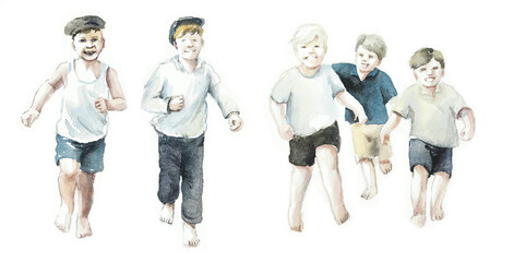 Village children. A group of boys running. Wtercolor hand drawn illustration © budogosh