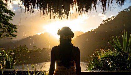 A serene woman in a yellow dress gazes at a stunning sunset over lush mountains, rain softly falling