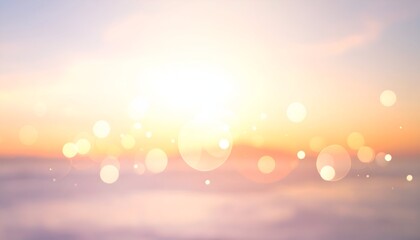Soft, dreamy sunrise over a tranquil ocean with bokeh effect, creating a serene atmosphere