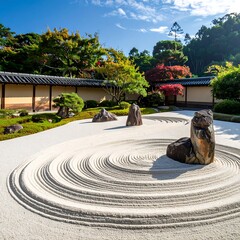 Obraz premium A serene Japanese garden showcases meticulously raked sand circles around strategically placed rocks, framed by a wall and vibrant foliage