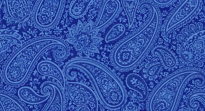 Classic blue paisley pattern, intricate floral design, elegant fabric textile, decorative background