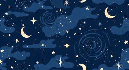 Whimsical night sky illustration with celestial bodies and swirling cosmic elements for dreamy backgrounds and designs.