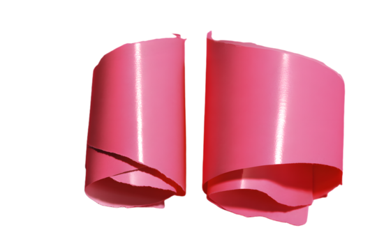 Pink ribbon bow with torn edges and purple accent on black background Keywords: pink, ribbon