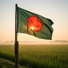 The flag of Bangladesh flying over a lush green rice field at dawn