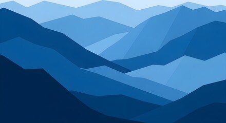 Abstract blue mountain range with geometric shapes and layered peaks, minimalist landscape art.