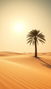Sun-baked sand stretches endlessly, a lone palm tree offering scant shade,  overseas,  nature