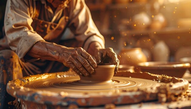 Skilled artisan shaping clay on a pottery wheel in a sunlit workshop, showcasing craftsmanship and tradition