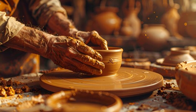 Skilled artisan shaping a clay pot on a wheel in a rustic workshop, surrounded by pottery tools and materials - Powered by Adobe
