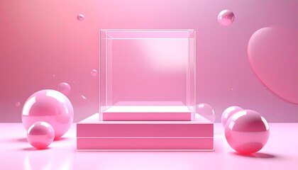 A pink geometric display, with a clear glass cube, a platform, and floating spheres. The scene has soft lighting and a minimalist vibe