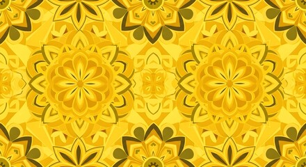 Seamless yellow and gold mandala pattern background with intricate floral geometric design.