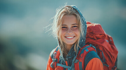 A smiling young hiker with a red backpack against a blurred blue mountain backdrop. She wears a gray hooded jacket and orange outerwear, creating a sense of adventure and joy.