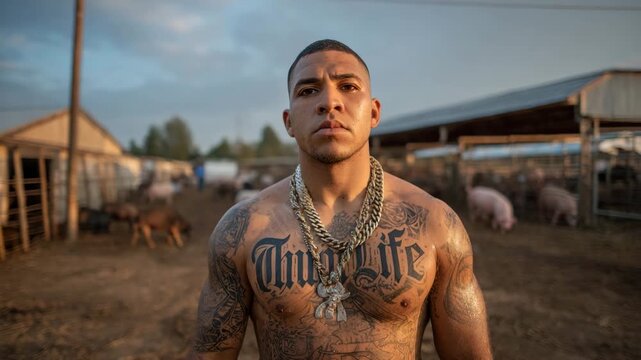 Gang man with tattoos standing