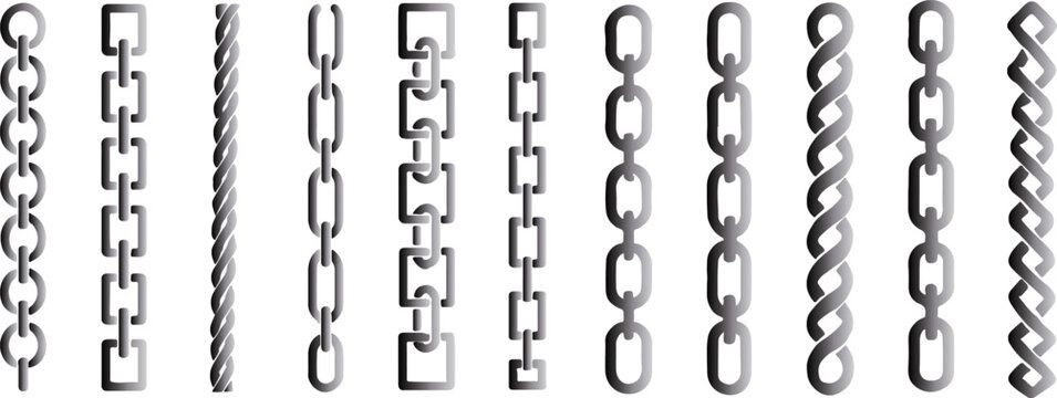 Silhouette chains. Different weaving black seamless borders, decorative jewelry for pendants, recurring metal segments, Elegant precious black necklaces nowaday vector isolated flat set