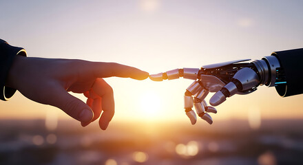 Human hand reaches out to touch a robot hand against a sunset sky, symbolizing the connection between humanity and technology, creating a hopeful future.