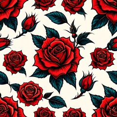 A seamless repeating pattern featuring stylized, vibrant red roses with dark teal leaves on a cream background