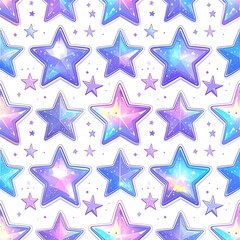 A seamless pattern featuring sparkling, gemstone-like stars in various sizes and vibrant, iridescent colors against a white background