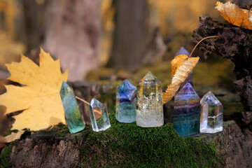 set of colorful crystal minerals close up in autumn forest, abstract nature background. gemstones for Magic Crystal Ritual, Witchcraft. spiritual esoteric practice for meditation, relax. Lithotherapy