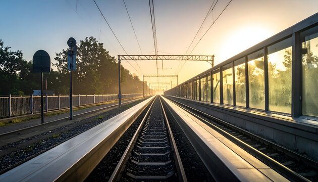 Tranquil sunrise over railway tracks, showcasing the serene landscape and modern station in the background